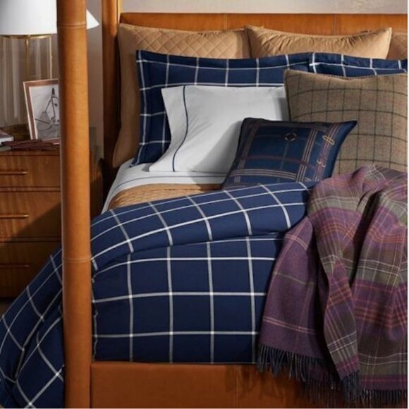 Ralph Lauren Modern Equestrian Windowpane Blue Cream Standard Sham - Picture 3 of 8